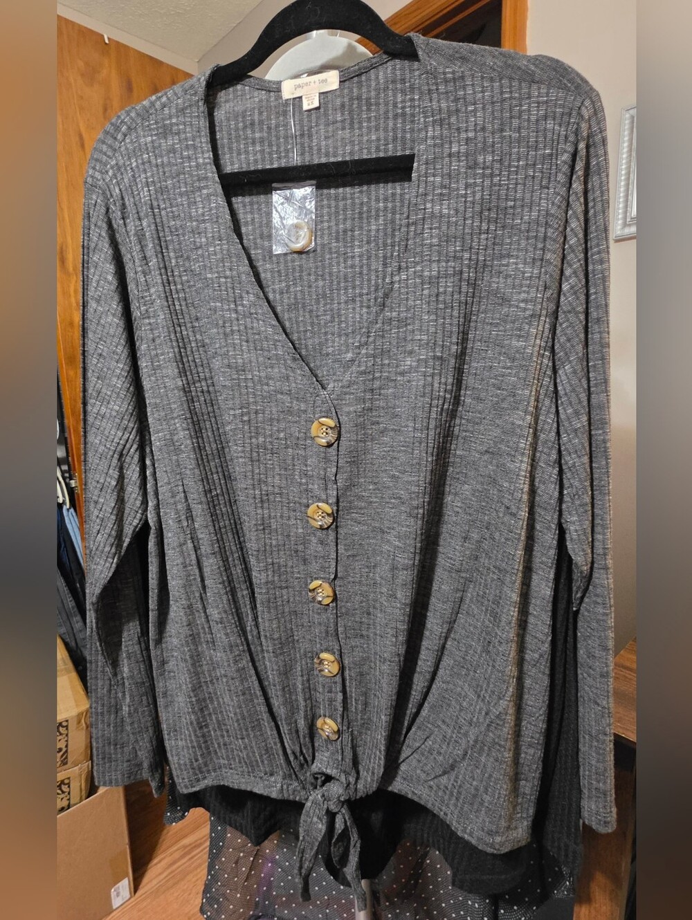 PAPER + TEE Ribbed Long Sleeve Vneck Top With button-front and Tie Hem-Dark Grey